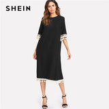 SHEIN Black Sequin And Tassel Belted Dress Women Round Neck Half Sleeve Button Loose Dress 2018 Summer Weekend Casual Dress