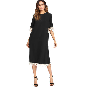 SHEIN Black Sequin And Tassel Belted Dress Women Round Neck Half Sleeve Button Loose Dress 2018 Summer Weekend Casual Dress