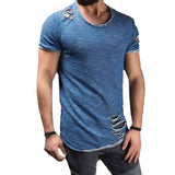 2018 Fashion Ripped Clothes Men Tee Hole Solid T-Shirt Slim Fit O Neck Short Sleeve Muscle Casual Tops T Shirt Men Summer Top