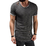 2018 Fashion Ripped Clothes Men Tee Hole Solid T-Shirt Slim Fit O Neck Short Sleeve Muscle Casual Tops T Shirt Men Summer Top