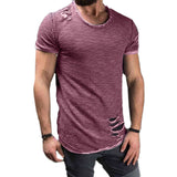 2018 Fashion Ripped Clothes Men Tee Hole Solid T-Shirt Slim Fit O Neck Short Sleeve Muscle Casual Tops T Shirt Men Summer Top