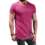 2018 Fashion Ripped Clothes Men Tee Hole Solid T-Shirt Slim Fit O Neck Short Sleeve Muscle Casual Tops T Shirt Men Summer Top