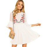 SHEIN Ruffle Flower Embroidered Smock Dress Women Round Neck Half Sleeve High Waist Dress 2018 Flare Sleeve Loose Short Dress