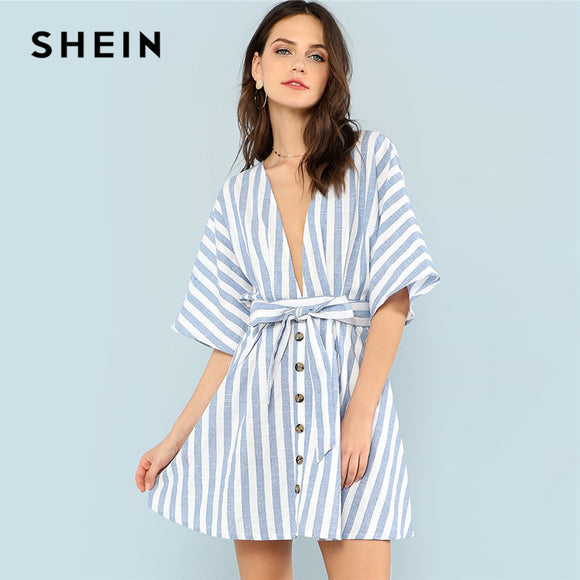 SHEIN Deep V Neck Button Front Striped Dress 2018 Summer Blue Striped Half Sleeve Dress Women Batwing Sleeve Belt Halter Dress