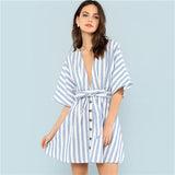 SHEIN Deep V Neck Button Front Striped Dress 2018 Summer Blue Striped Half Sleeve Dress Women Batwing Sleeve Belt Halter Dress