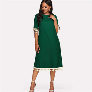 SHEIN Sequin And Tassel Detail Belted Dress 2018 Summer Round Neck Half Sleeve Knee Length Dress Women Green Casual Belted Dress