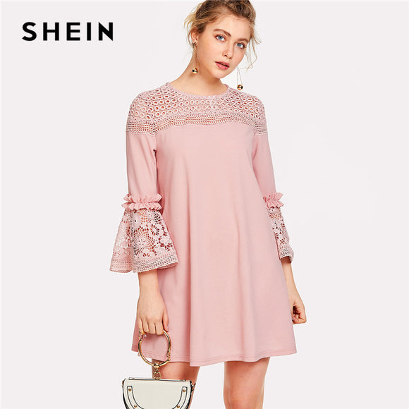 SHEIN Eyelet Crochet Lace Detail Frill Trim Dress 2018 Summer Round Neck Butterfly Sleeve Dress Women Pink Elegant Ruffle Dress