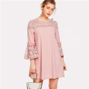 SHEIN Eyelet Crochet Lace Detail Frill Trim Dress 2018 Summer Round Neck Butterfly Sleeve Dress Women Pink Elegant Ruffle Dress