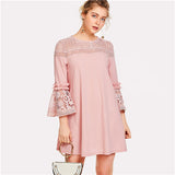 SHEIN Eyelet Crochet Lace Detail Frill Trim Dress 2018 Summer Round Neck Butterfly Sleeve Dress Women Pink Elegant Ruffle Dress