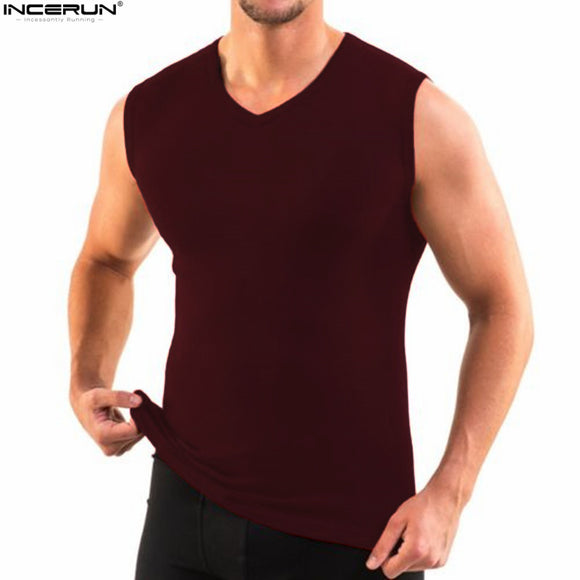 INCERUN Men's Summer Base Layer Sleeveless Tank Top Men Casual  Fitness Bodybuilding Vest Men V-Neck Slim Fit Stretch Tee Shirt