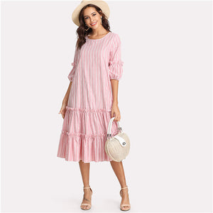 SHEIN 2018 Summer O Neck Lantern Sleeve Vertical Striped Pink Girl Mid-calf Dresses Flounce Casual Frill Embellished Swing Dress