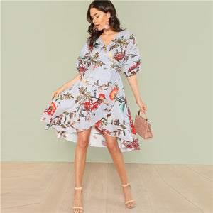 SHEIN Mixed Print Asymmetrical Ruffle Hem Surplice Wrap Dress 2018 Summer V Neck Short Bishop Sleeve Dress Women Vacation Dress