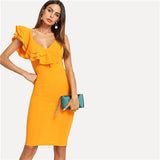 SHEIN Sleeveless Ruffle Layered Flounce Trim Split Back V Neck Party Bodycon Dress Women Summer Knee Length Slim Pencil Dress