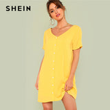 SHEIN Double V Neckline Shirt Dress 2018 Summer V Neck Short Sleeve Button Dress Women Yellow Solid Vacation Dress