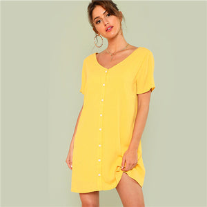 SHEIN Double V Neckline Shirt Dress 2018 Summer V Neck Short Sleeve Button Dress Women Yellow Solid Vacation Dress