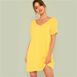 SHEIN Double V Neckline Shirt Dress 2018 Summer V Neck Short Sleeve Button Dress Women Yellow Solid Vacation Dress