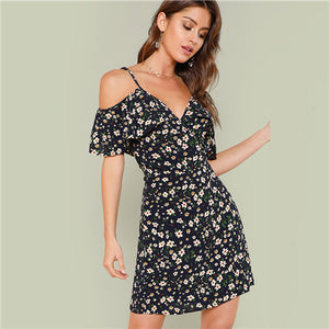 SHEIN Open Shoulder Wrap Neck Floral Dress 2018 Summer V Neck Sleeveless Cold Shoulder Vacation Dress Women Beach Cool Dress