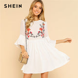 SHEIN Ruffle Flower Embroidered Smock Dress Women Round Neck Half Sleeve High Waist Dress 2018 Flare Sleeve Loose Short Dress