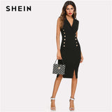 SHEIN Black Elegant Notched V Neck Double Button Sleeveless Pencil Knee-Length Skinny Dress Summer Women Sexy Workwear Dresses