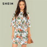 SHEIN Multicolor Vacation Boho Bohemian Beach Floral Print Round Neck Flutter Half Sleeve Dress Summer Women Elegant Dresses