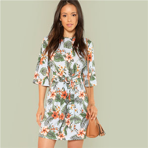 SHEIN Multicolor Vacation Boho Bohemian Beach Floral Print Round Neck Flutter Half Sleeve Dress Summer Women Elegant Dresses