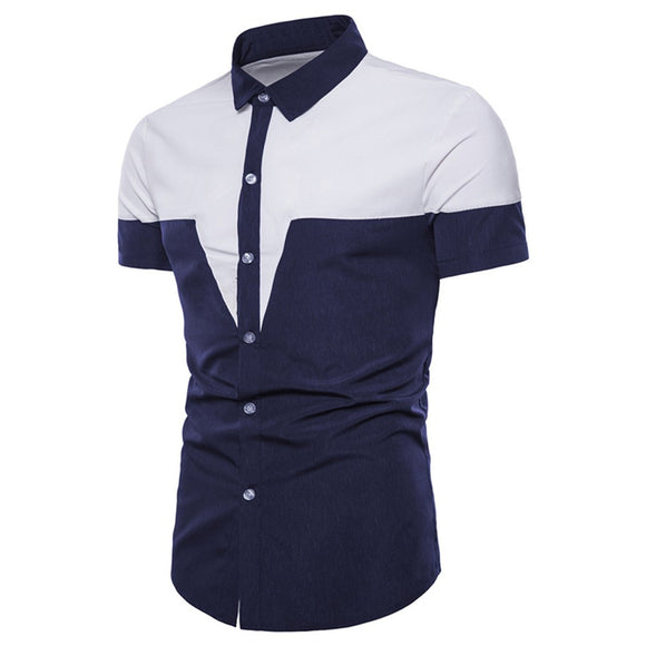 Mens Casual Short Sleeve Shirt Business Slim Fit Shirt Patchwork Blouse Top