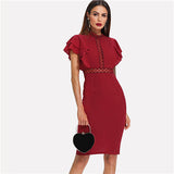 SHEIN Burgundy Red High Waist Vintage Ruffle Sleeve Lady Bodycon Dress 2018 Elegant Retro Party Lace Eyelet Hem Slit Dresses New