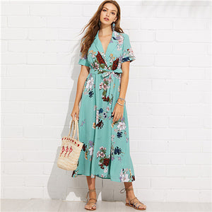 SHEIN Turquoise Vacation Boho Bohemian Beach Notch Collar Wrap Front Belted Botanical Dress Summer Women Short Sleeve Maxi Dress