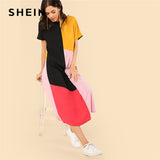 SHEIN Multicolor Colorblock Round Neck Half Sleeve Natural Waist Straight Tunic Dress Summer Women Weekend Casual Dresses