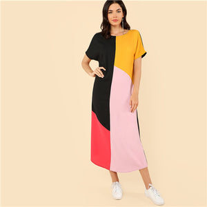 SHEIN Multicolor Colorblock Round Neck Half Sleeve Natural Waist Straight Tunic Dress Summer Women Weekend Casual Dresses