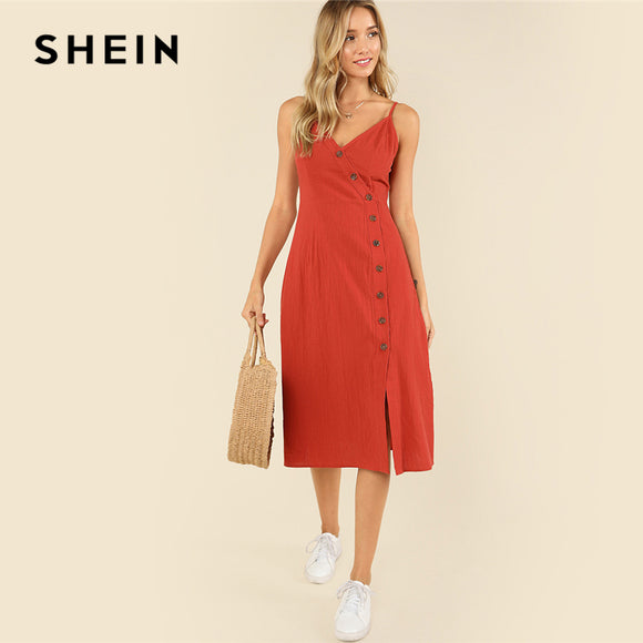 SHEIN Rust Weekend Casual Backless Spaghetti Strap Sleeveless Buttoned Wrap Front Cami Summer Solid Long Dress For Women
