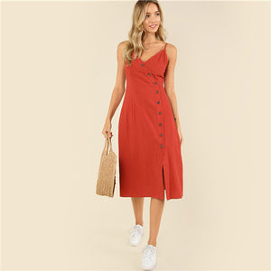 SHEIN Rust Weekend Casual Backless Spaghetti Strap Sleeveless Buttoned Wrap Front Cami Summer Solid Long Dress For Women