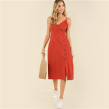 SHEIN Rust Weekend Casual Backless Spaghetti Strap Sleeveless Buttoned Wrap Front Cami Summer Solid Long Dress For Women