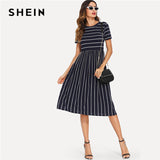 SHEIN Navy Elegant Round Neck Short Sleeve Mixed Stripe Natural Waist Smock Dress Summer Women Weekend Casual Dresses