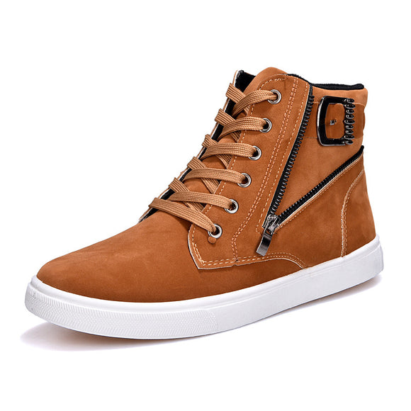 Fashion Spring New Men Casual High Top Shoes Round Toe Zip Cross Lace Up Metal Decoration Buckle Male Ankle Shoes