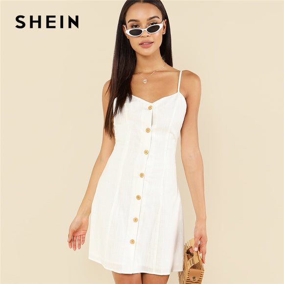 SHEIN White Elegant Button Up Front Backless Spaghetti Strap Sleeveless Natural Waist Cami Short Dress Summer Women Casual Dress