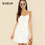 SHEIN White Elegant Button Up Front Backless Spaghetti Strap Sleeveless Natural Waist Cami Short Dress Summer Women Casual Dress