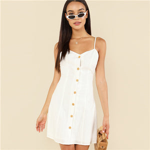 SHEIN White Elegant Button Up Front Backless Spaghetti Strap Sleeveless Natural Waist Cami Short Dress Summer Women Casual Dress