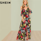 SHEIN Summer Boho Floral Print Sexy Deep V Neck Open Shoulder Maxi Dress Women Beach Vacation High Waist Surplice Wrap Dresses