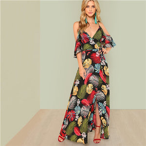 SHEIN Summer Boho Floral Print Sexy Deep V Neck Open Shoulder Maxi Dress Women Beach Vacation High Waist Surplice Wrap Dresses