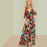 SHEIN Summer Boho Floral Print Sexy Deep V Neck Open Shoulder Maxi Dress Women Beach Vacation High Waist Surplice Wrap Dresses