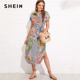 SHEIN Flower And Stripe Print Curved Hem Shirt Dress Summer Stand Collar Roll Up Sleeve Long Dress Women Vacation Dress
