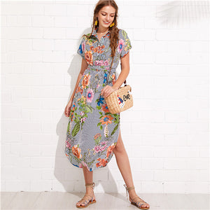 SHEIN Flower And Stripe Print Curved Hem Shirt Dress Summer Stand Collar Roll Up Sleeve Long Dress Women Vacation Dress