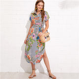SHEIN Flower And Stripe Print Curved Hem Shirt Dress Summer Stand Collar Roll Up Sleeve Long Dress Women Vacation Dress