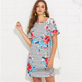 SHEIN Multicolor Weekend Casual Floral and Striped Print Flounce Sleeve Ruffle Tunic Straight Dress Summer Women Going Out Dress