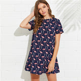 SHEIN Multicolor Weekend Casual Allover Flamingo Print Round Neck Short Sleeve Button Dress Summer Women Going Out Dresses