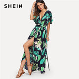 SHEIN Multicolor Vacation Boho Bohemian Beach Jungle Leaf Print Self Belted Wrap High Waist Maxi Dress Summer Women Sexy Dress