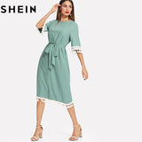 SHEIN Sequin And Tassel Detail Belted Dress Women Round Neck Half Sleeve Dress 2018 Summer Blue Casual Belted Dress