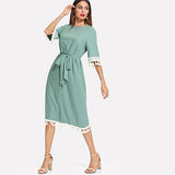 SHEIN Sequin And Tassel Detail Belted Dress Women Round Neck Half Sleeve Dress 2018 Summer Blue Casual Belted Dress