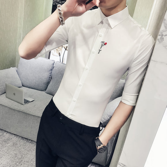 Shirt Collections Summer New Slim Fit Tuxedo Shirt Half Sleeve Fashion Embroidery Casual Business Simple Dress Shirts Mens 3XL-M